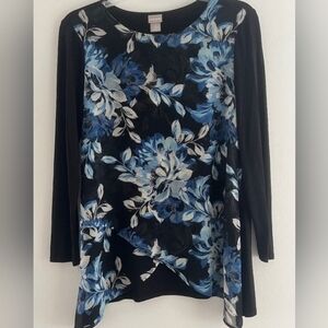 Chicos Women Top Blouse Floral Black/ Blue Size 1 Mideum Long Sleeve Crew Neck